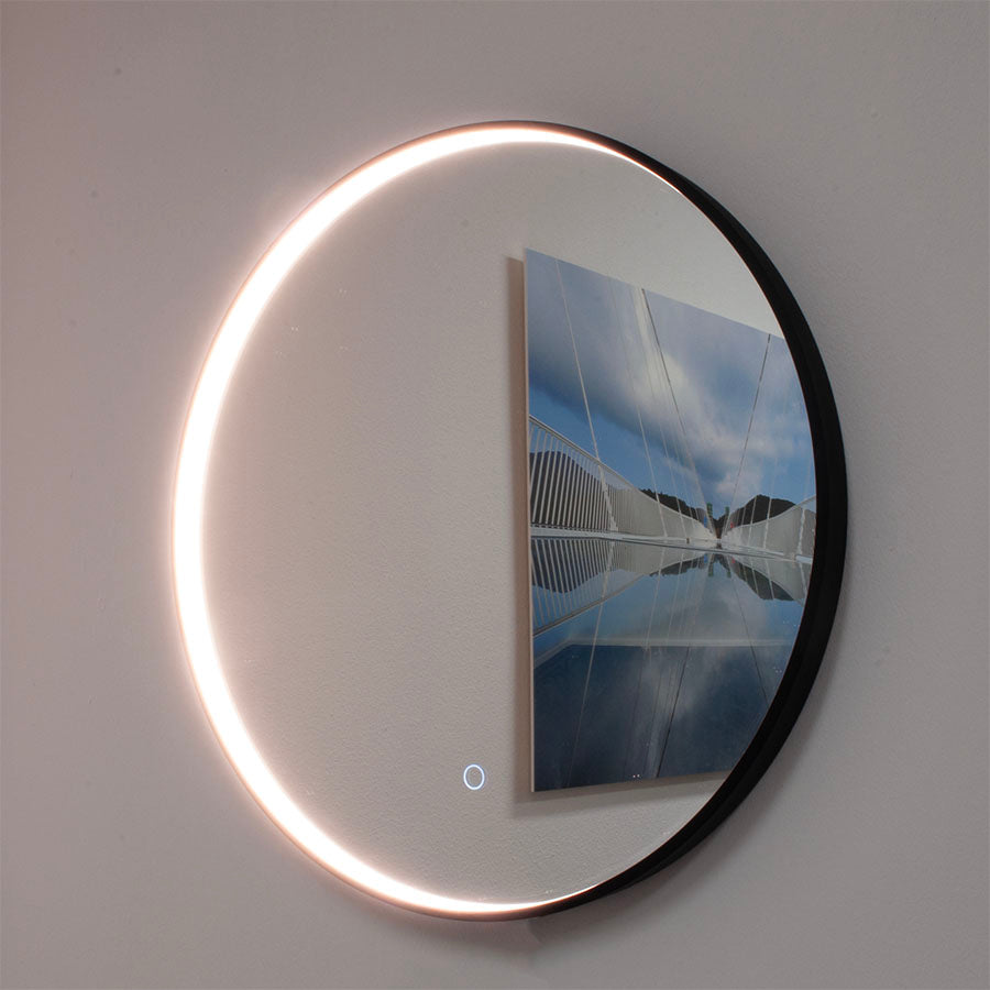Ronde spiegel met zwart frame, met direct LED verlichting en verwarming, 600mm