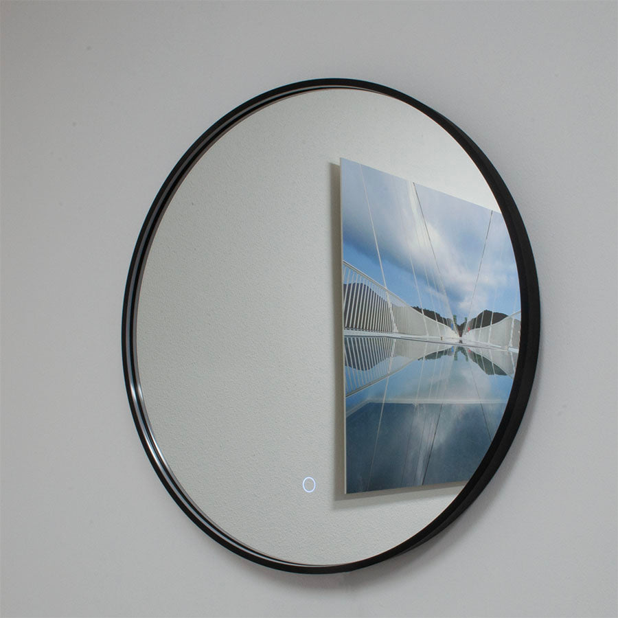 Ronde spiegel met zwart frame, met direct LED verlichting en verwarming, 600mm