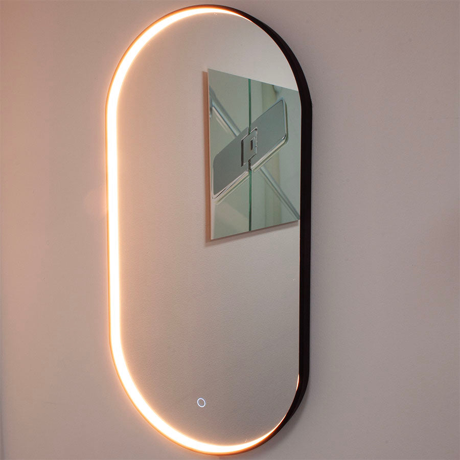 Ovale spiegel met zwart frame, met direct LED verlichting en verwarming, 450x900mm