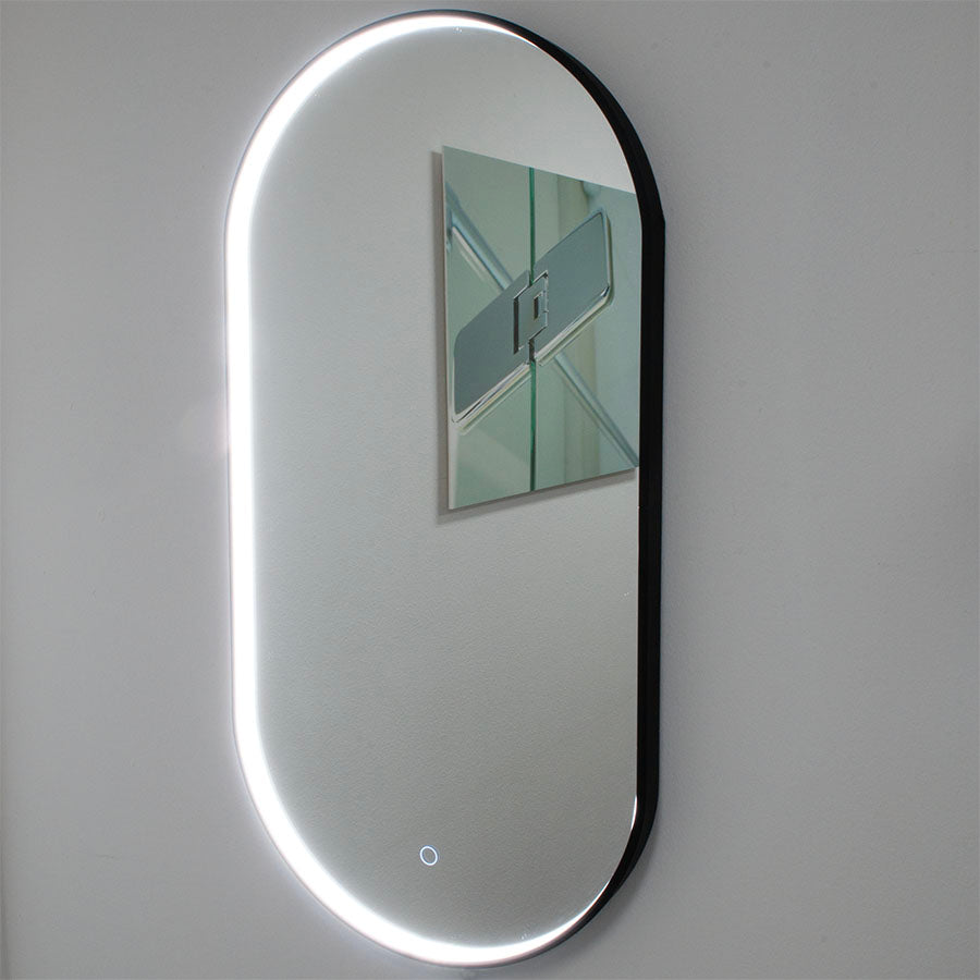 Ovale spiegel met zwart frame, met direct LED verlichting en verwarming, 450x900mm