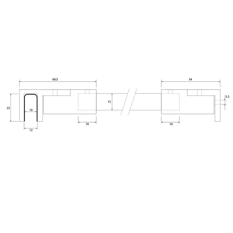 Estlegno stabilisatiestang vierkant, 15x15, 1000mm. Compleet. 6-10mm glas - Technische Tekening