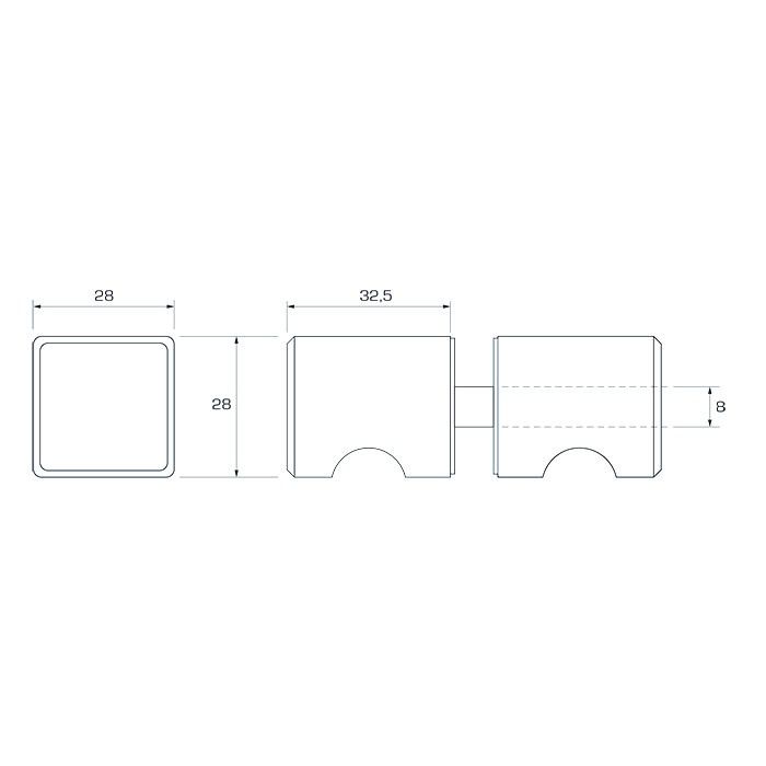 Estlegno knopstel rechthoekig, 28x28mm, met vingerinkeping - Technische Tekening