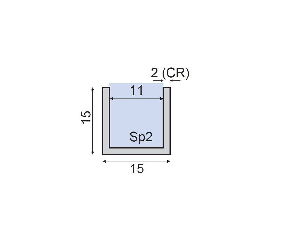 Estlegno U-profiel 15x15x15mm, wanddikte 2mm L=3000mm - Technische Tekening