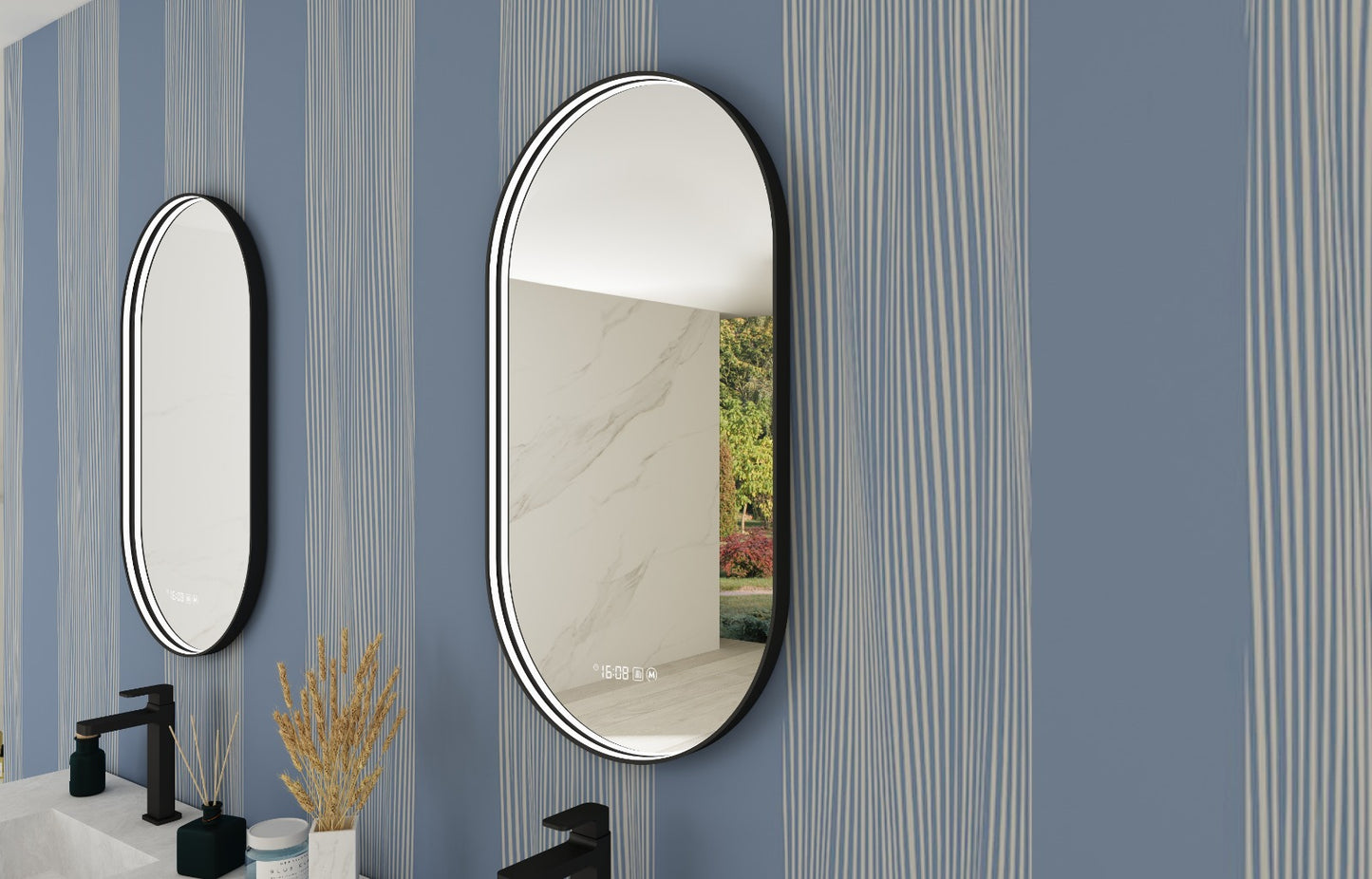Ovale spiegel met zwart frame, met direct LED verlichting en verwarming, 450x900mm