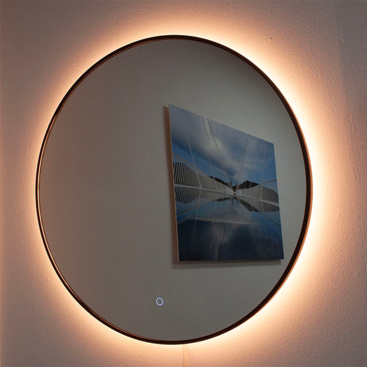 Ronde spiegel met zwart frame, met indirect LED verlichting en verwarming