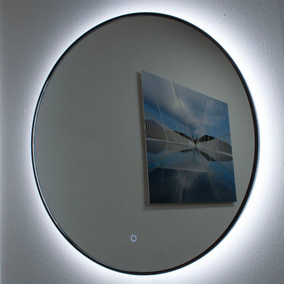 Ronde spiegel met zwart frame, met indirect LED verlichting en verwarming