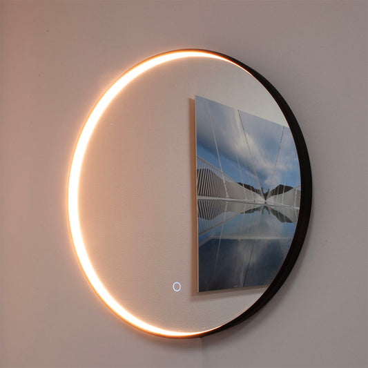 Ronde spiegel met zwart frame, met direct LED verlichting en verwarming, 600mm