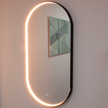 Ovale spiegel met zwart frame, met direct LED verlichting en verwarming, 450x900mm
