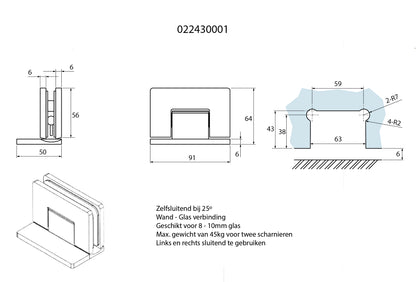 Estlegno scharnier wand/glas 90° enkele schroefplaat - Sparing en afmeting