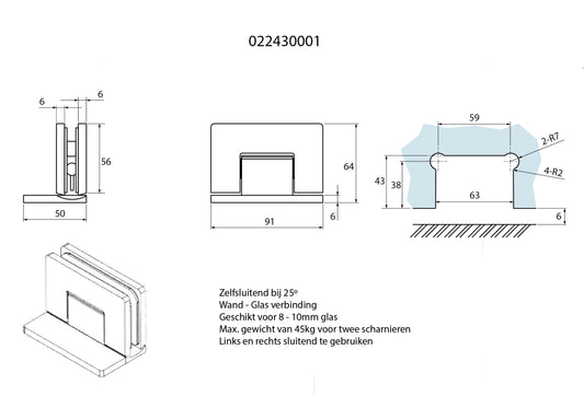 Estlegno scharnier wand/glas 90° enkele schroefplaat - Sparing en afmeting