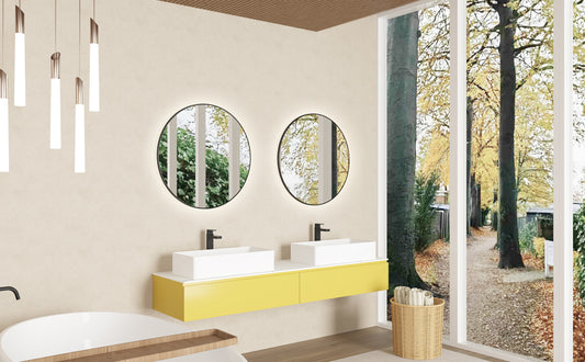 Ronde spiegel met zwart frame, met indirect LED verlichting en verwarming