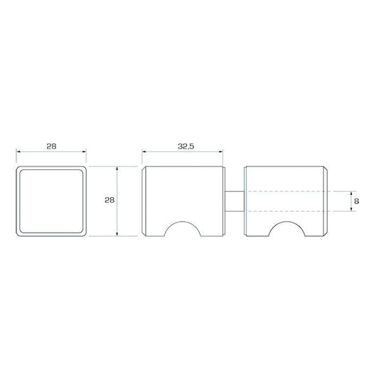 Estlegno knopstel rechthoekig, 28x28mm, met vingerinkeping - Technische Tekening