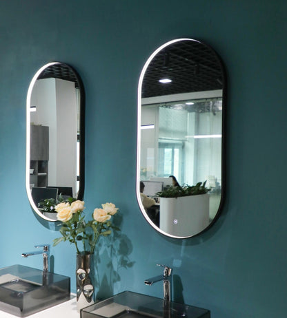 Ovale spiegel met zwart frame, met direct LED verlichting en verwarming, 450x900mm